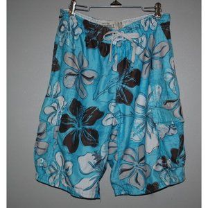 Aeropostale Swim Trunks Cargo Pockets Lined Blue Brown Large Hawaiian Flowers